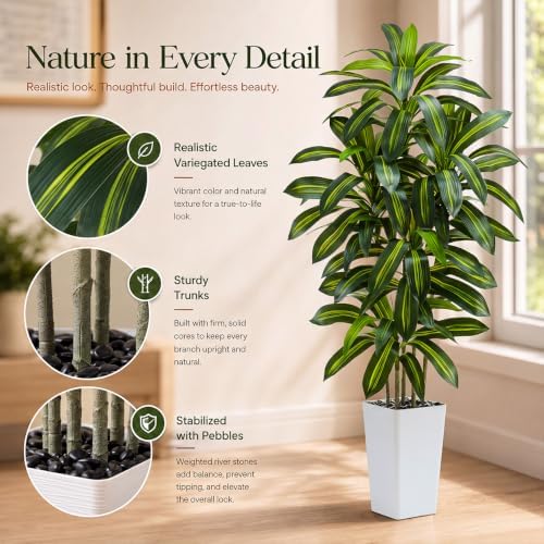 Artificial Dracaena Tree: 5FT Fake Plants Silk Faux Trees（White Pot）