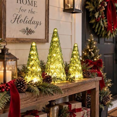 Christmas Decorations Indoor, YEAHOME Set of 3 Pre-lit Green Glass Christmas Tree for Home Decor, Christmas Table Decorations Lighted Xmas Tree with Timer for Living Room Mantel Tabletop Party