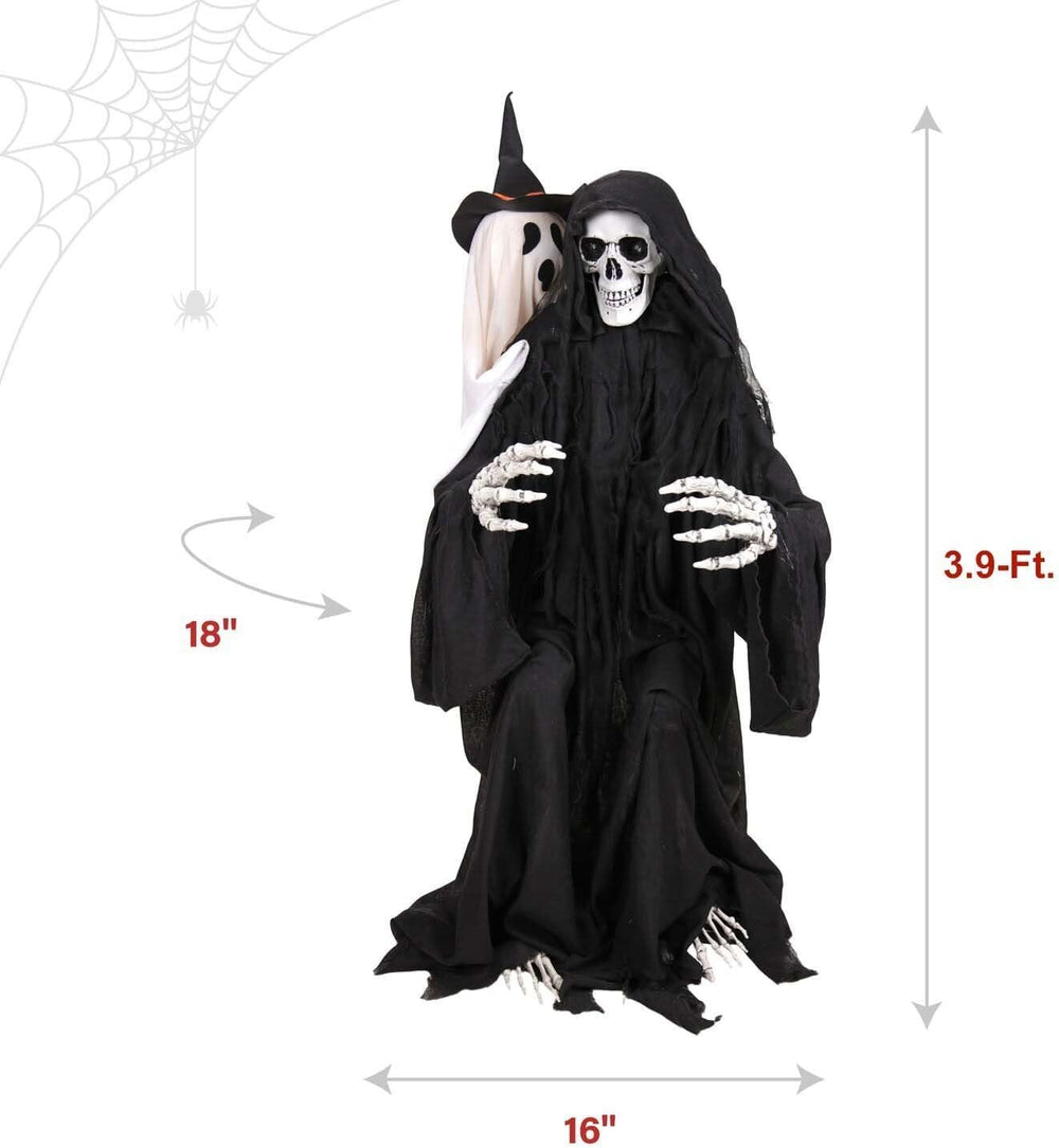 Haunted Hill Farm 3.9-Ft. Sitting Reaper w/Hide and Seek Ghost Animatronic