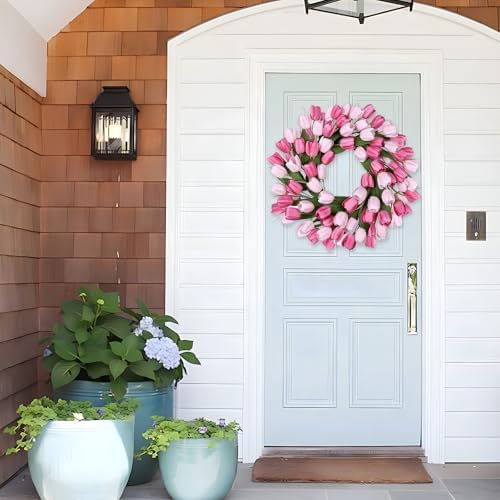 24 Inch Tulip Summer Wreath for Front Door Spring Silk Wreath with Green Leaves Artificial Tulip Flower Wreaths for All Seasons Farmhouse Porch Wall Living Room Home Widding Decor