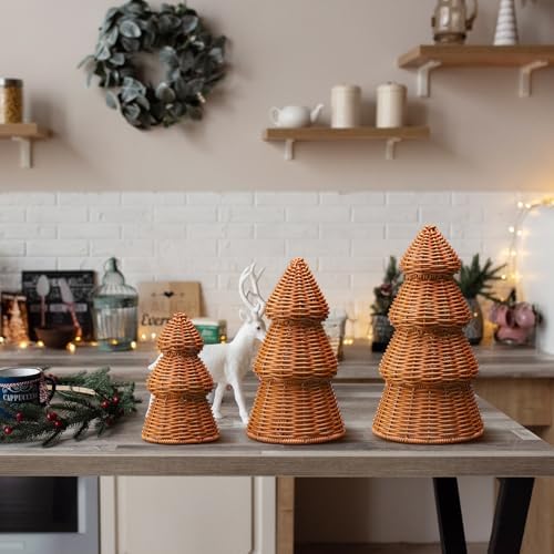 Bucherry 3 Pcs Rattan Christmas Tree Decor Rustic Woven Xmas Figurine