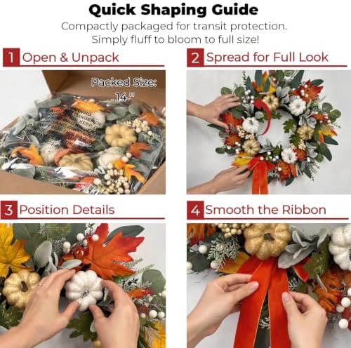 Fall Front Door Wreaths with Ribbon, 24 Inch Pumpkin Autumn Wreath