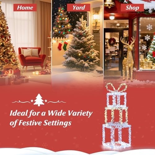Tangkula Set of 3 Stacked Lighted Gift Boxes, Pre-Lit Box
