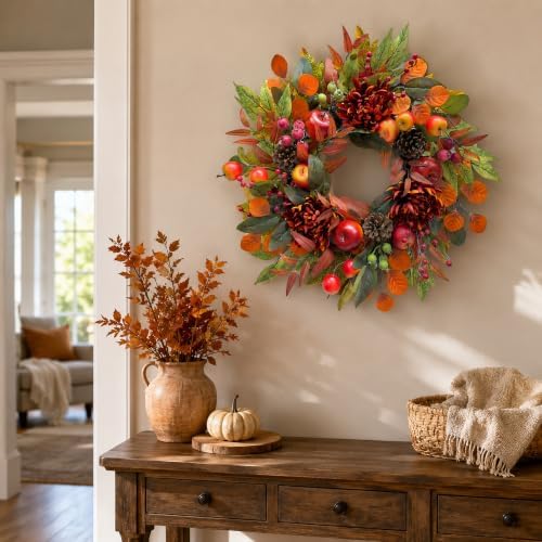 Svndlyn 22 Inch Fall Front Door Wreath with Faux Apples, Pinecones and Mums