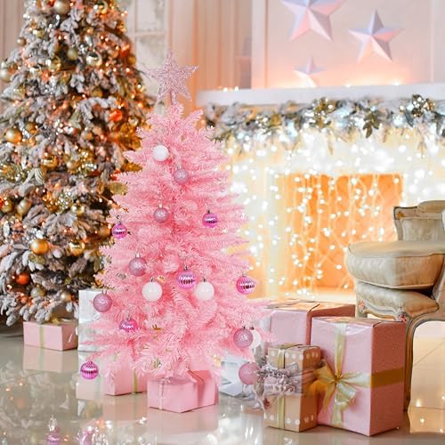 SUNSHINE DECOR Pink Christmas Tree with Light 3ft Artifical Full Christmas Tree with Ball & Star Ornaments 8 Lighting Modes for Holiday Decor