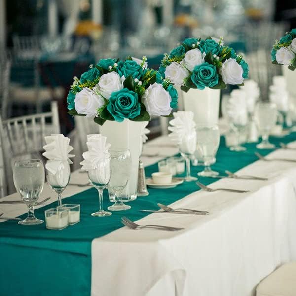 BLOSMON Teal Flowers Artificial Centerpieces: 6 Pcs Fake Roses Flowers Balls for Wedding Dinning Table - Faux Silk Kissing Floral Arrangement for Home Party Event Decor