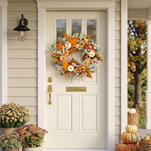 24in Pre-lit Front Door Fall Wreath,for Thanksgiving Home Decor