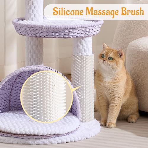 HITTITE Modern Cat Tree Tower with Scratching Post, 46 Inches Tall Cat Towers with Woven Cat Nests and Cave, Multi-Level Cat Tree With Removable Cushions and Massage Brush for Indoor Cats Large Adult.