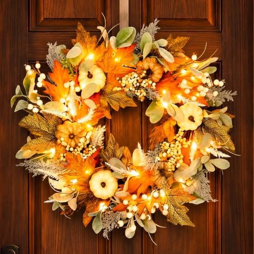 24in Pre-lit Front Door Fall Wreath,for Thanksgiving Home Decor
