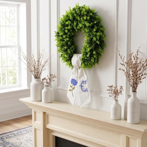 Boxwood Wreath for Front Door Spring Summer Wreaths for Farmhouse,Last Name Initial Year Round Porch Decor,20 inch Green Wreath with Personalized Monogram sash Embroidered Hydrangea and Letter - (C)
