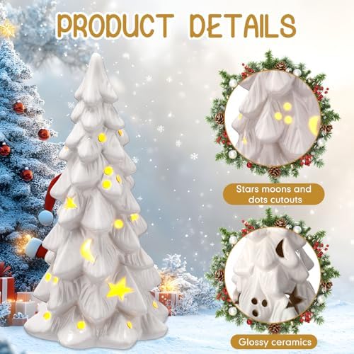 Nuogo 3 Pcs Lighted Ceramic Christmas Tree White Porcelain Tabletop