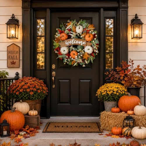 24 Inch Fall Pumpkin Maple Leaves for Front Door, Autumn White Orange Pumpkin Greenery Leaves Wreath for Indoor Outdoor, Welcome Sign Pumpkin Wreath