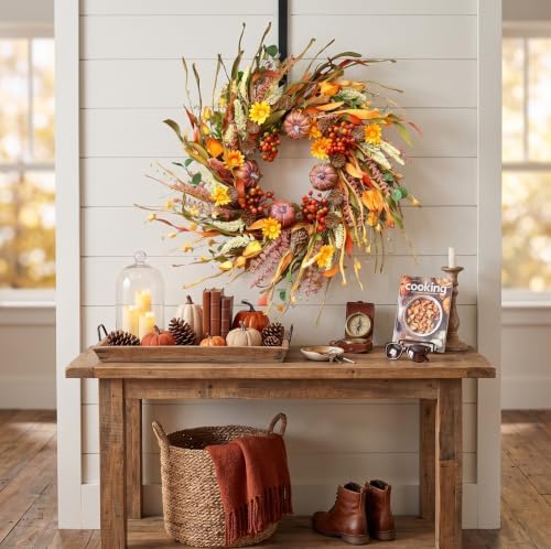 26 Inch Pumpkin Fall Wreath for Front Door Outside with Pinecones Berries