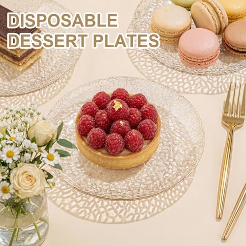 Rubtlamp 200pcs Gold Glitter Plastic Dessert Plates, Hammered 6 Inch Small Plates, Heavy Duty Appetizer Plate with 100 Gold Small Forks, Fancy Cake Snack Plate for Birthday Wedding Teatime