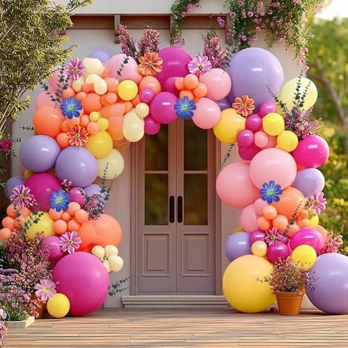 Hot Pink Purple Balloon Arch Double Stuffed Balloons with Artificial Flowers Eucalyptus Leaves Pastel Yellow Peach Magenta Latex Garland for Wildflower Birthday Wedding Floral Tropical Party Decor