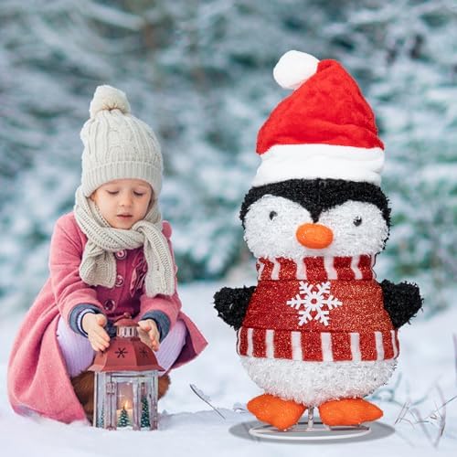MUMTOP Lighted Christmas Penguin Decoration with Santa Hat Pop Up Ornament