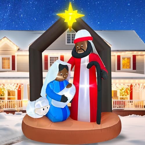Black Santa Christmas Decorations, 7 Ft Tall 5 Ft Long African American Christmas Inflatable Black Nativity Scene Outdoor Decoration, Blow Up Jesus Manger Set with Built-in LEDs Xmas Decor Yard Lawn