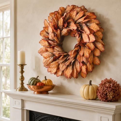 26" Artificial Fall Magnolia Leaf Wreath for Front Door Decoration (Orange)