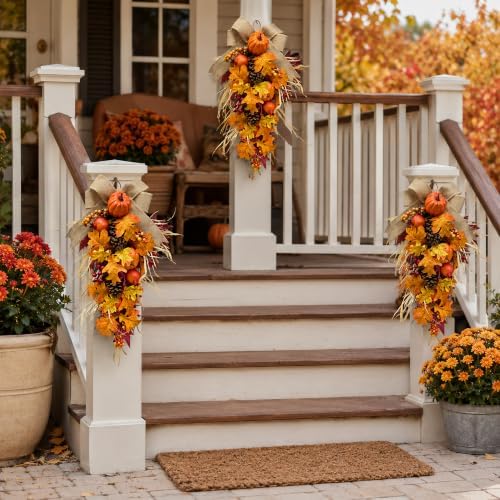21 Inch Lighted Fall Teardrop Swag with Pumpkins and Pinecones