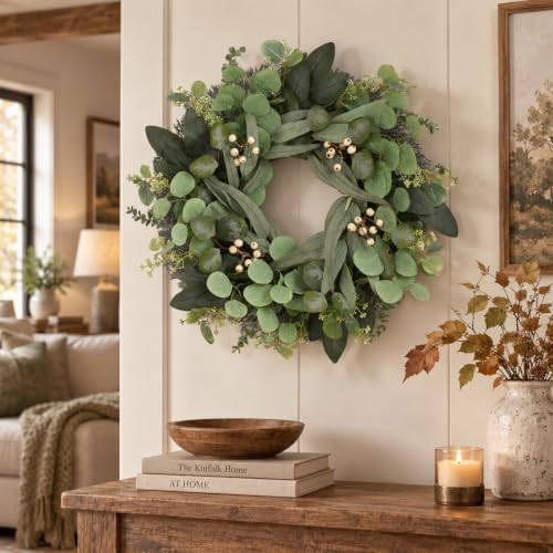 24 Inch Eucalyptus Wreath for Front Door, Fall Decor with White Berries