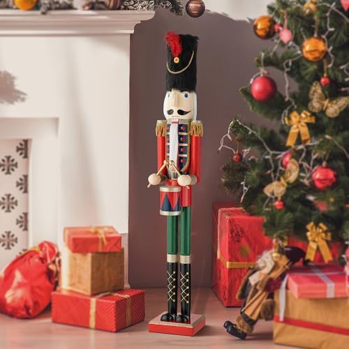 Glitzhome 42" H Christmas Nutcracker Decor Wooden Nutcracker Ornaments Drummer Soldier Nutcracker Figures Traditional Christmas Decor for Indoor and Outdoor