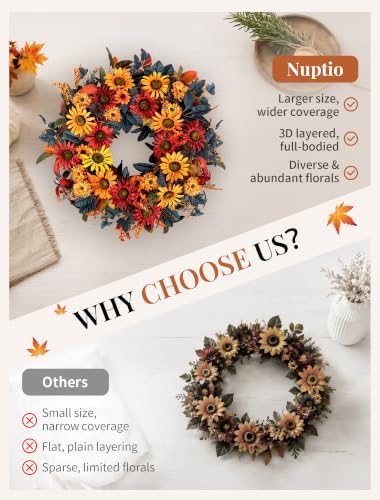 NUPTIO Fall Wreath for Front Door: 26 Inch Autumn Decor with Sunflower