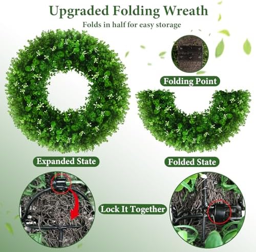 24'' Boxwood Wreaths Front Door, Foldable Green Wreath with a Sash
