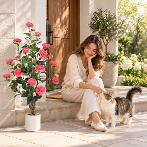 UPBUD Artificial Camellia Tree 2 Pack, 3.6FT Tall Fake Camellia Plant