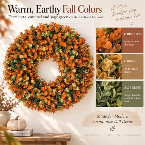 Fall Wreaths for Front Door, 24 Inch Faux Boxwood Wreath, Terracotta & Sage