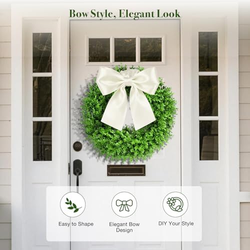 24" Boxwood Wreaths for Front Door – Large Boxwood Wreath with Sash