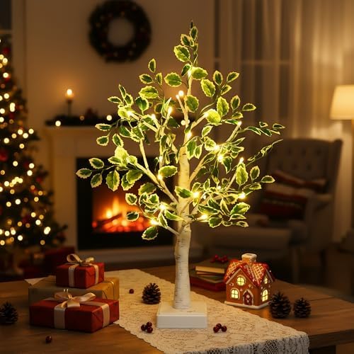 24 LED Artificial Tree Lamp, Lighted Trees for Indoor Decor USB/Battery Powered with Timer, DIY Green Leaves Light Up Tree Fairy Spirit for Table Home Bedroom Spring Decoration