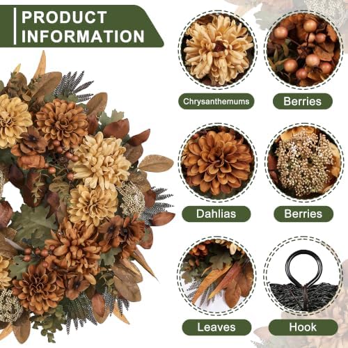 24" Fall Wreaths for Front Door with Mums Dahlias Queen Anne's Lace