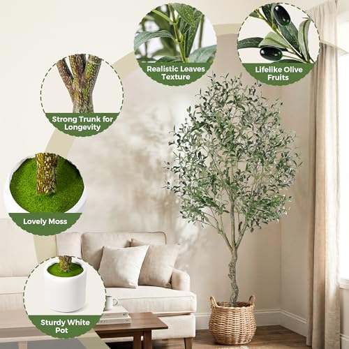 Artificial Olive Tree Indoor 6FT, Tall Faux Olive Tree with White Planter