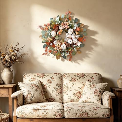 WANNA-CUL 24 Inch Farmhouse Fall Wreath for Front Door with White Pumpkin