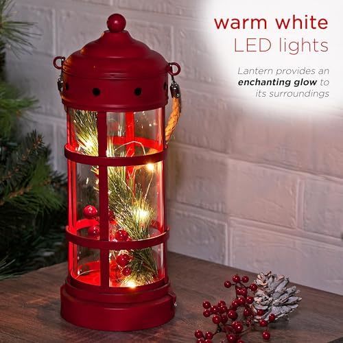 Alpine Corporation 13" Tall Metal and Glass Christmas Lantern with 8 Warm White LED Lights, Built-in Timer, Indoor Holiday Decoration for Tabletop or Hanging Display, Red