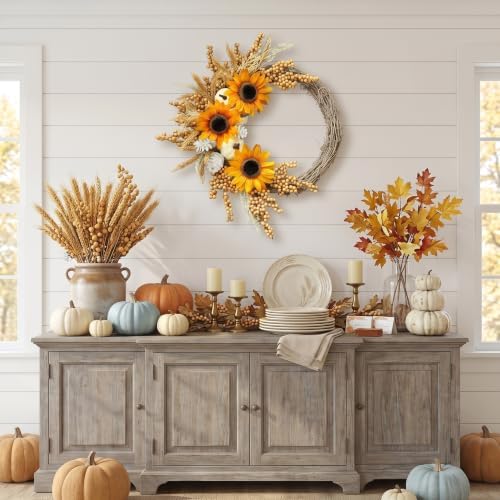 20 Inch Sunflower Fall Wreath for Front Door with White Pumpkin and Berries