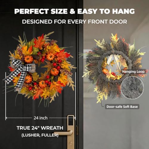 24" Fall Maple Leaf Wreath for Front Door with Buffalo Check Bow - Rustic Autumn Harvest Wreath with Orange Pumpkins, Pinecones and Berries - Farmhouse Thanksgiving Halloween Outdoor Decor