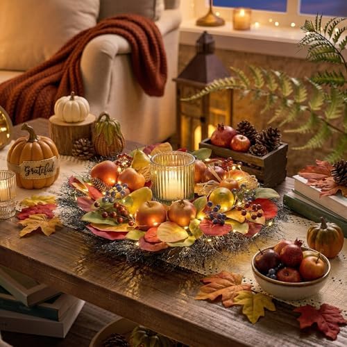 Valery Madelyn 24'' Collapsible Pre-Lit Fruits Fall Wreath for Front Door