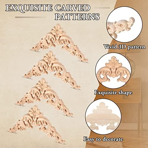 Remerry 60 Pcs Wood Applique Onlays and Wood Corner Decorative Furniture Appliques DIY Unpainted Wooden Carved Corner Decal for Home Furniture Wall Decor, 3.94 x 3.94 Inch