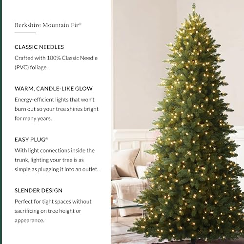 Balsam Hill 7.5ft Pre-Lit Berkshire Mountain Fir - Slim Artificial Christmas Tree with 500 Clear LED Lights, Easy Plug Technology & Premium Stand for Large Spaces