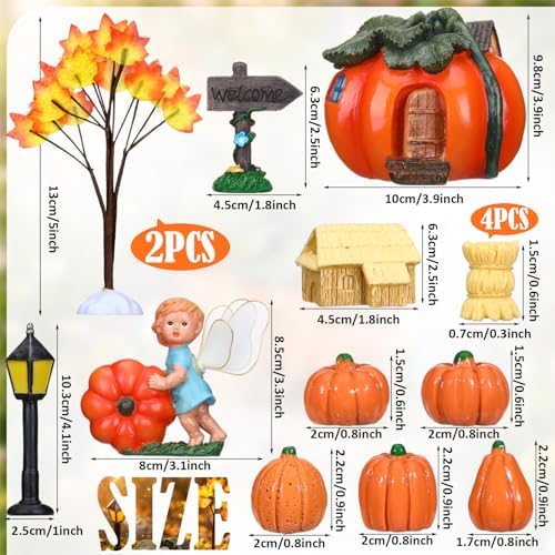 Pinkunn 16 Pcs Fall Fairy Garden Miniature Pumpkin Fairy House Statue