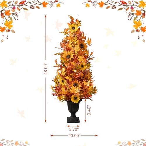 Glitzhome 2 Pcs 4FT Lighted Maple Tree with Timer, Artificial Fall Autumn Maple Leaf & Sunflower Urn Porch Tree with 20 Warm White LEDs for Autumn Fall Harvest Thanksgiving Christmas Decoration