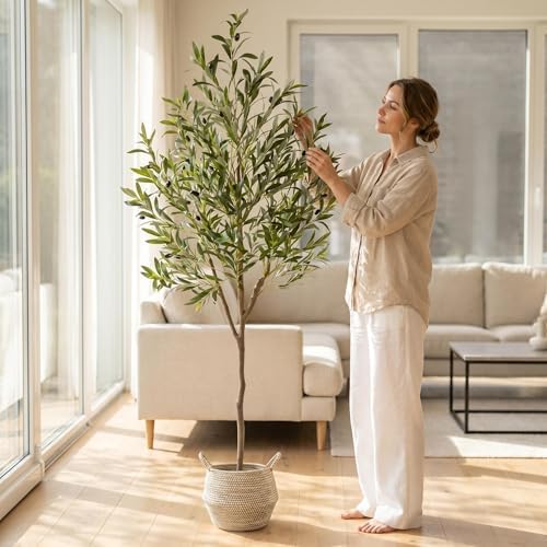 Warmplants Artificial Olive Tree 6ft Fake Plant with Woven Basket