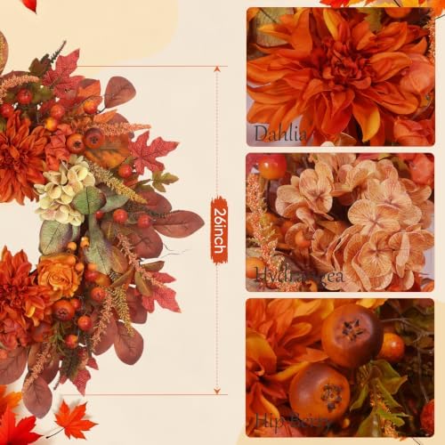 Autumn Harvest Wreath for Front Door 26 Inch, Fall Decor with Orange Dahlias Maple Leaves Berries Hydrangeas, Thanksgiving Halloween Wreaths for Front Door Grapevine Twig