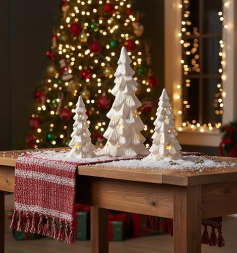 Nuogo 3 Pcs Lighted Ceramic Christmas Tree White Porcelain Tabletop