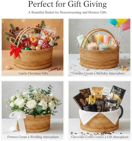 Rattan Picnic Basket with Handle, 12.6x9x5 in Handwoven Storage Decor
