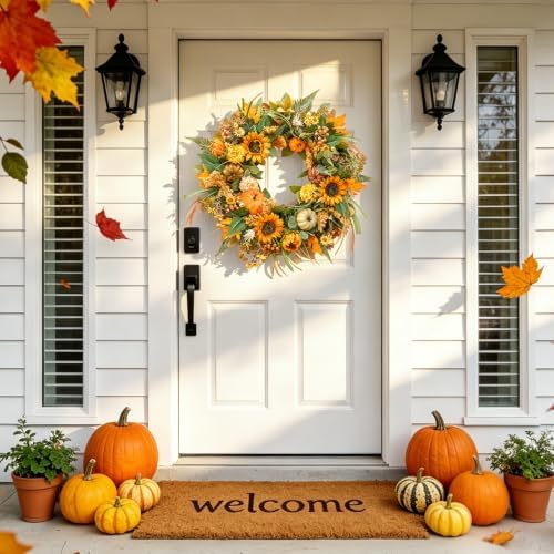 24 Inch Fall Wreaths for Front Door Outside with Sunflowers,Pumpkins,Leaves
