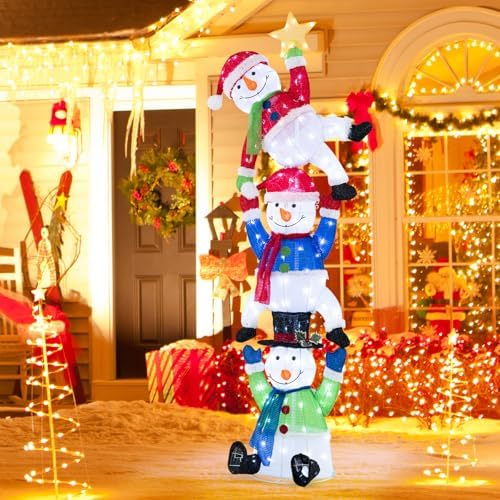 Tangkula 6 FT Lighted Christmas 3 Stacked Snowman, 3D Xmas Light-up Snowman