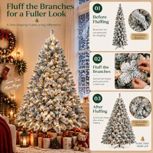 Garvee 6 FT Christmas Tree, Prelit Artificial Christmas Tree with 250 Warm White Lights, Realistic Flocked Material, Metal Hinges, Foldable Stand, on/Off Foot Pedal, Holiday Decoration, Green & White