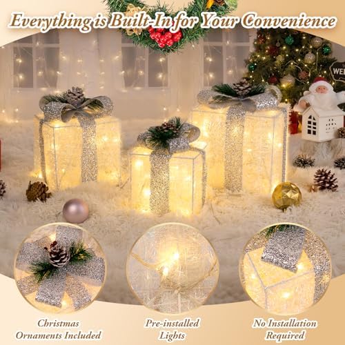 Towponics Set of 3 Christmas Lighted Gift Boxes with Plug, Indoor Outdoor Christmas Decorations with 60 LED Warm White Mini String Lights, Present Boxes with Silver Tinsel for Xmas Tree Porch Decor
